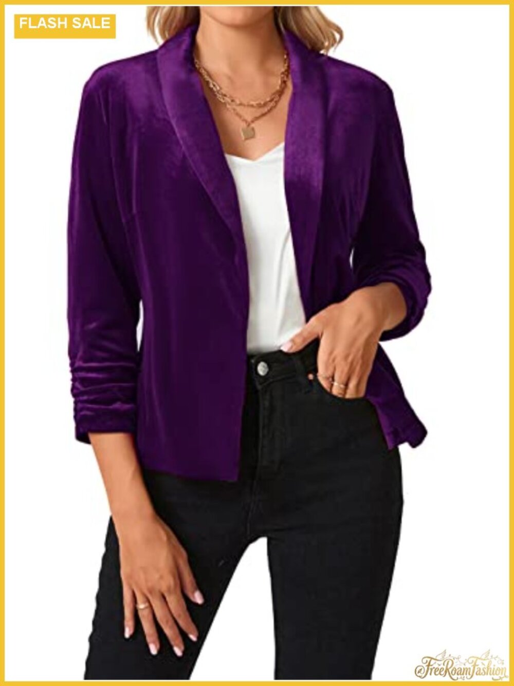 Velvet Blazer 3/4 Ruched Sleeve Shawl Lapel Open Front Slim Fit Business Casual